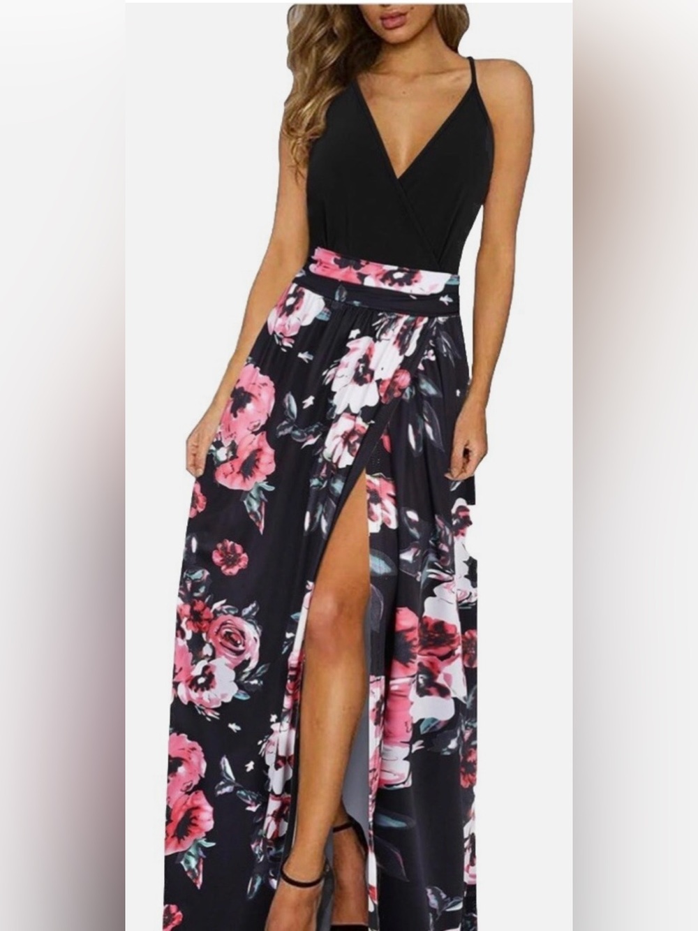 Black Floral V-Neck A-Line Dress with Pink Accents